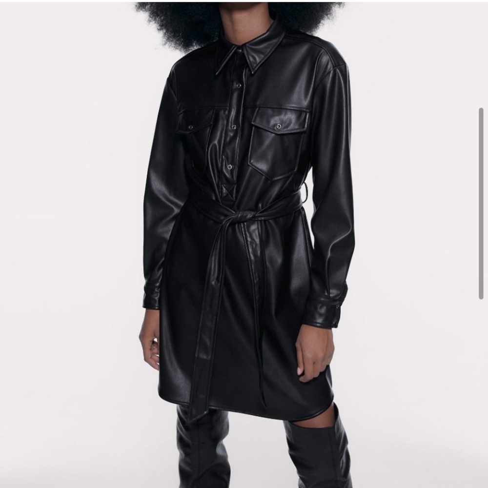 Zara black faux leather dress with belt